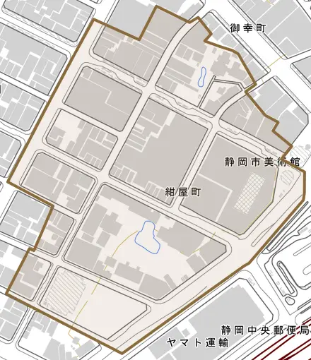 紺屋町とその周辺の地図。町の範囲を重ねている