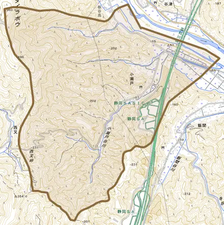 小瀬戸とその周辺の地図。町の範囲を重ねている
