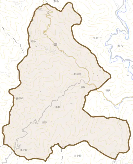 黒俣とその周辺の地図。町の範囲を重ねている