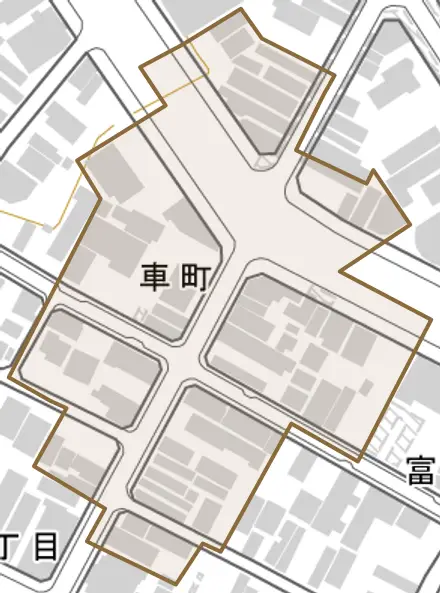 車町とその周辺の地図。町の範囲を重ねている
