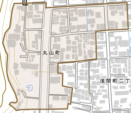丸山町とその周辺の地図。町の範囲を重ねている