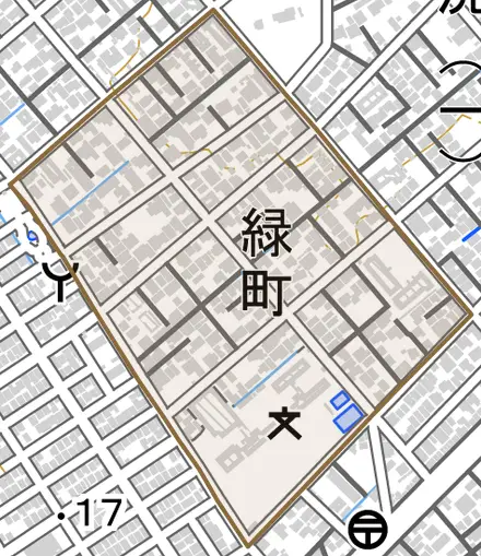 緑町とその周辺の地図。町の範囲を重ねている