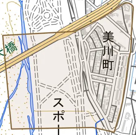 美川町とその周辺の地図。町の範囲を重ねている