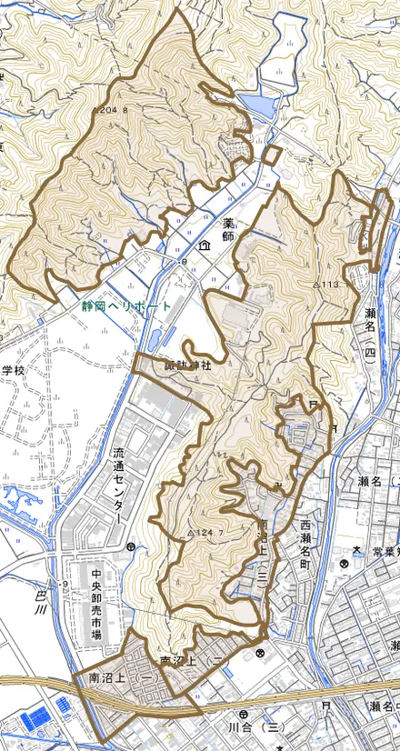 南沼上とその周辺の地図。町の範囲を重ねている