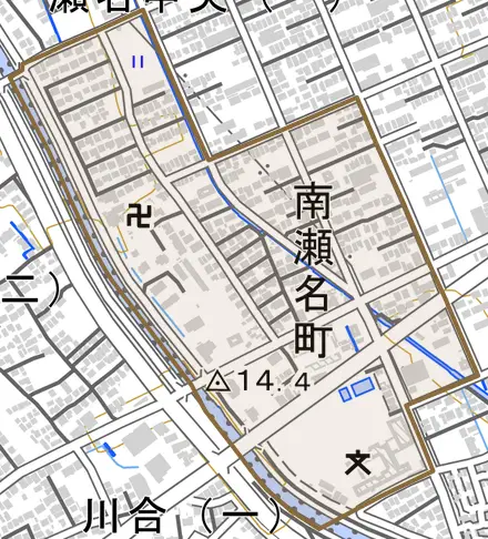 南瀬名町とその周辺の地図。町の範囲を重ねている