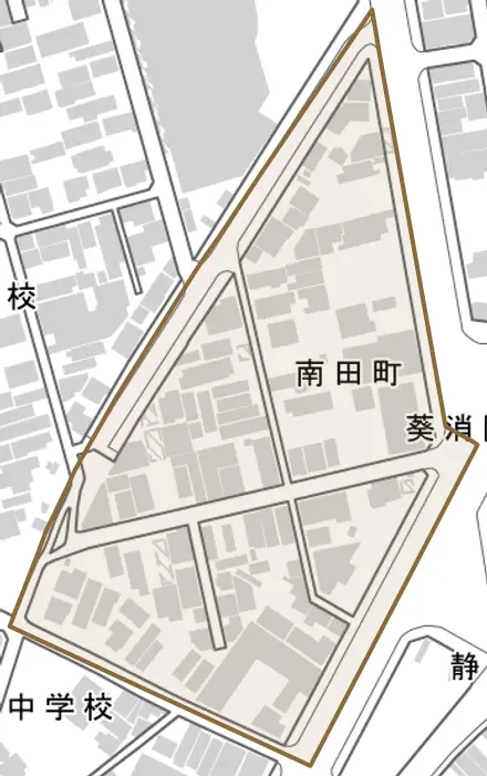 南田町とその周辺の地図。町の範囲を重ねている