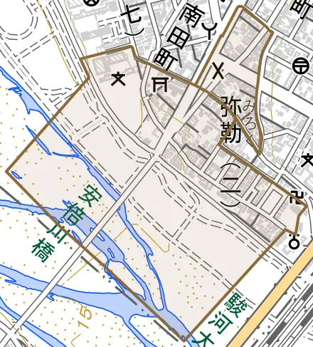 弥勒とその周辺の地図。町の範囲を重ねている
