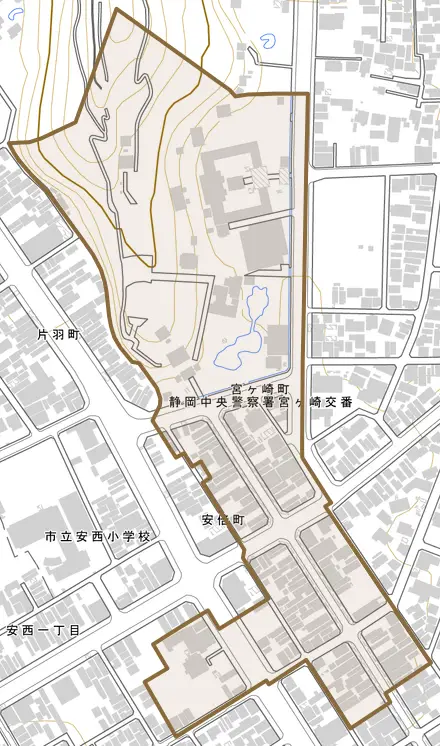 宮ヶ崎町とその周辺の地図。町の範囲を重ねている