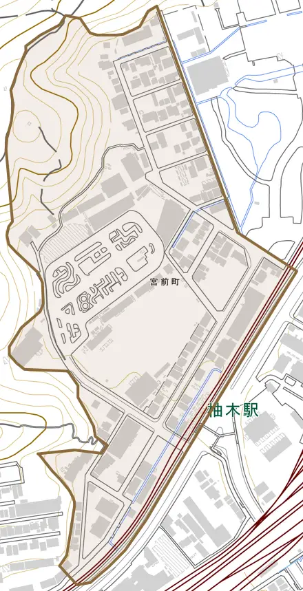 宮前町とその周辺の地図。町の範囲を重ねている