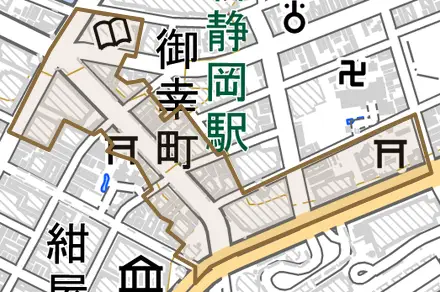 御幸町とその周辺の地図。町の範囲を重ねている