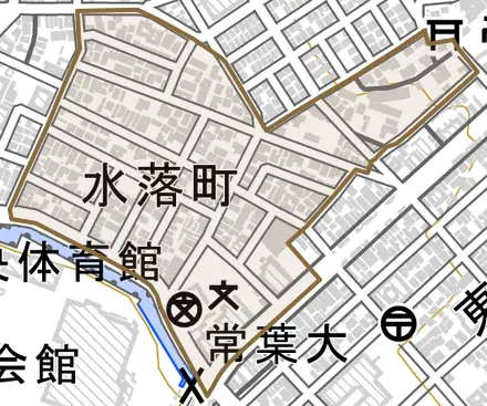 水落町とその周辺の地図。町の範囲を重ねている
