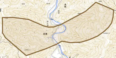 森腰とその周辺の地図。町の範囲を重ねている