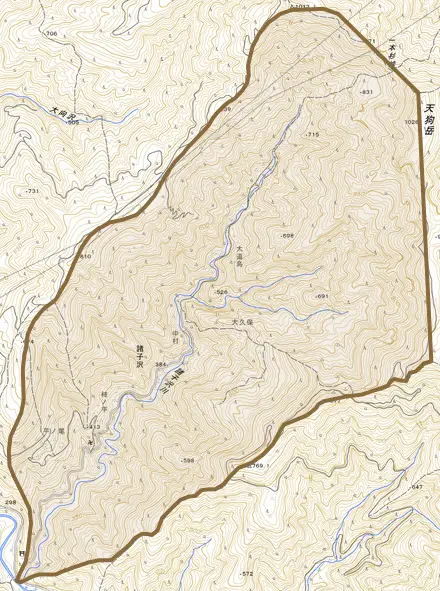 諸子沢とその周辺の地図。町の範囲を重ねている