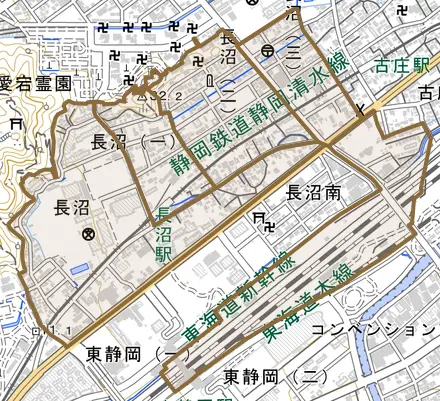 長沼とその周辺の地図。町の範囲を重ねている