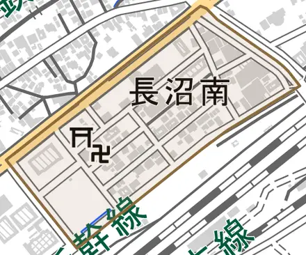 長沼南とその周辺の地図。町の範囲を重ねている