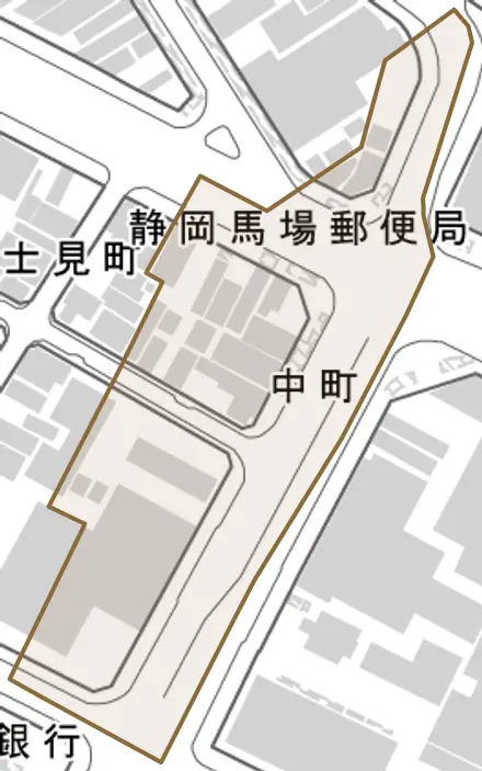 中町とその周辺の地図。町の範囲を重ねている