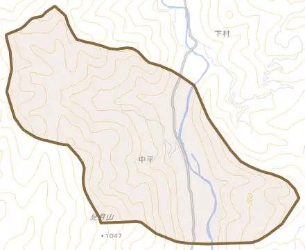 中平とその周辺の地図。町の範囲を重ねている