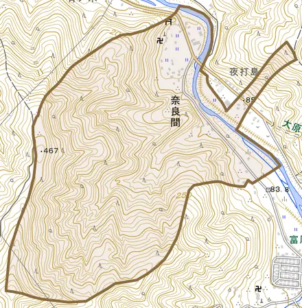 奈良間とその周辺の地図。町の範囲を重ねている