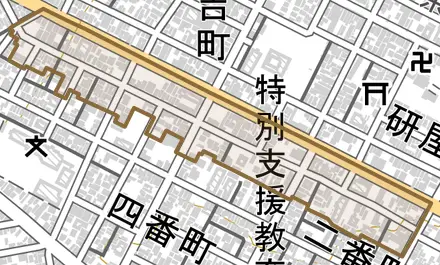 二番町とその周辺の地図。町の範囲を重ねている
