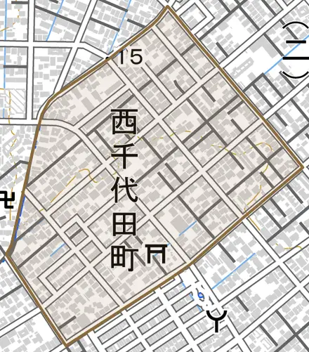 西千代田町とその周辺の地図。町の範囲を重ねている