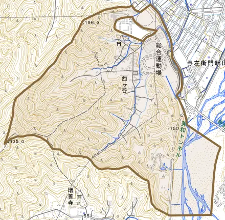 西ヶ谷とその周辺の地図。町の範囲を重ねている