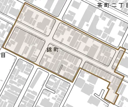 錦町とその周辺の地図。町の範囲を重ねている