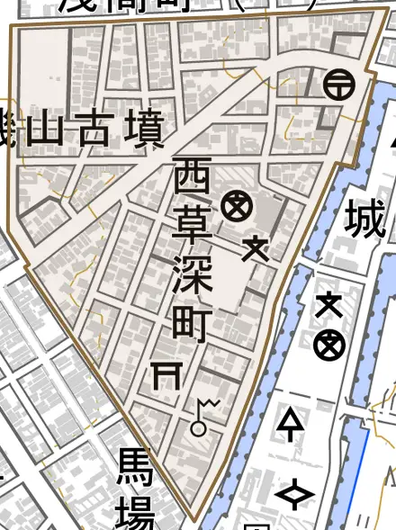 西草深町とその周辺の地図。町の範囲を重ねている