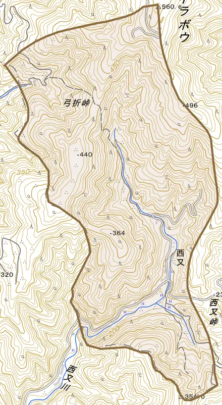 西又とその周辺の地図。町の範囲を重ねている