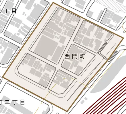西門町とその周辺の地図。町の範囲を重ねている