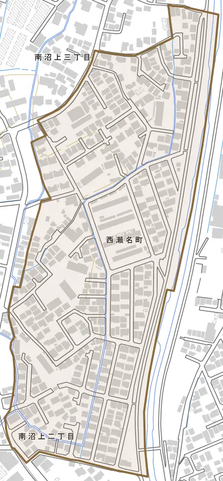 西瀬名町とその周辺の地図。町の範囲を重ねている