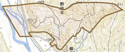 野田平とその周辺の地図。町の範囲を重ねている