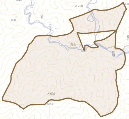 落合とその周辺の地図。町の範囲を重ねている
