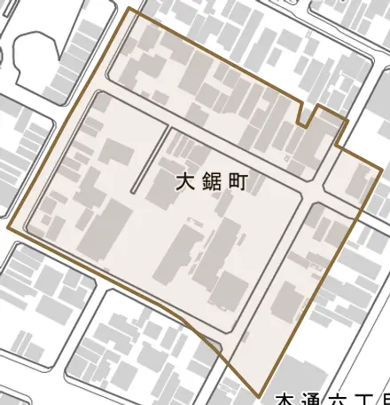 大鋸町とその周辺の地図。町の範囲を重ねている