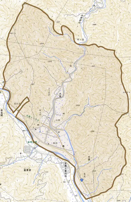 大原とその周辺の地図。町の範囲を重ねている