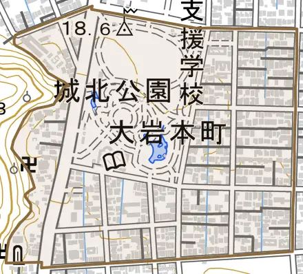 大岩本町とその周辺の地図。町の範囲を重ねている