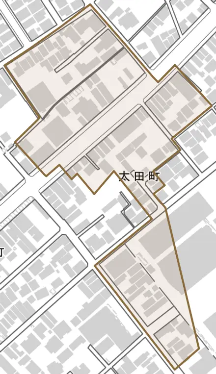 太田町とその周辺の地図。町の範囲を重ねている