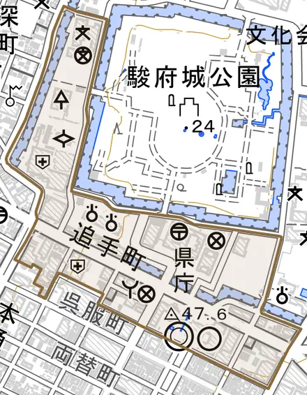 追手町とその周辺の地図。町の範囲を重ねている