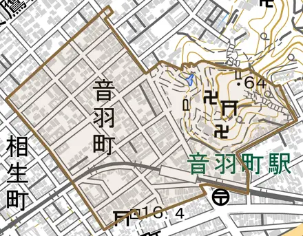 音羽町とその周辺の地図。町の範囲を重ねている