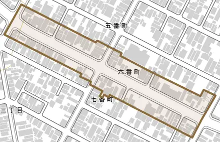 六番町とその周辺の地図。町の範囲を重ねている