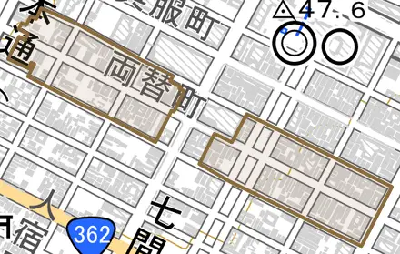 両替町とその周辺の地図。町の範囲を重ねている