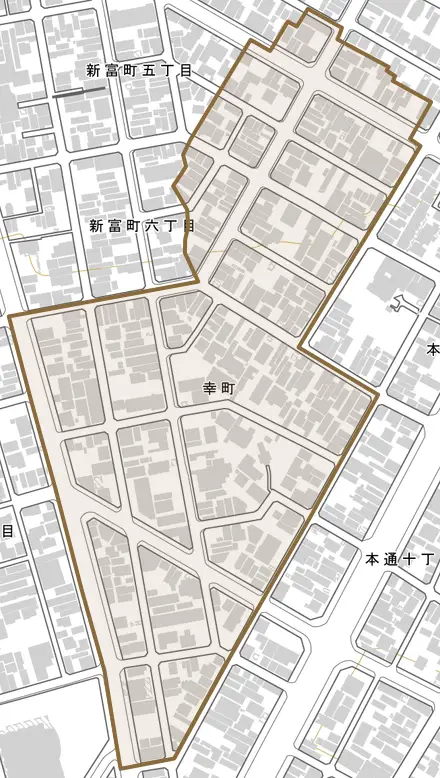 幸町とその周辺の地図。町の範囲を重ねている
