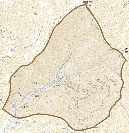 坂本とその周辺の地図。町の範囲を重ねている