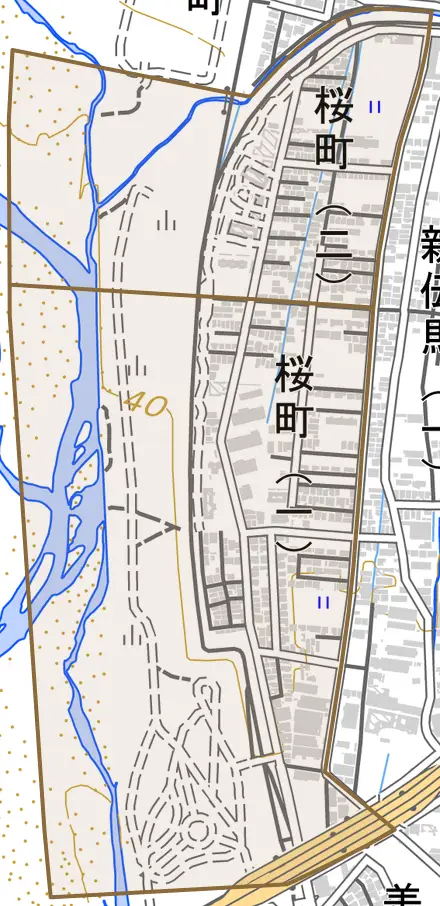 桜町とその周辺の地図。町の範囲を重ねている