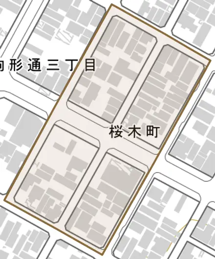 桜木町とその周辺の地図。町の範囲を重ねている