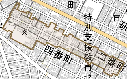 三番町とその周辺の地図。町の範囲を重ねている