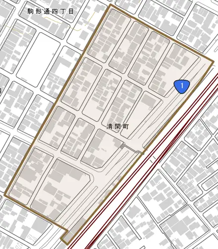 清閑町とその周辺の地図。町の範囲を重ねている