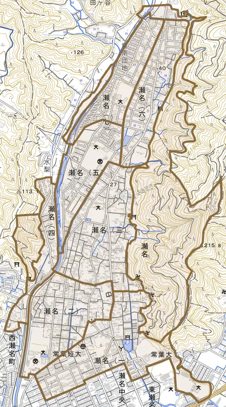 瀬名とその周辺の地図。町の範囲を重ねている