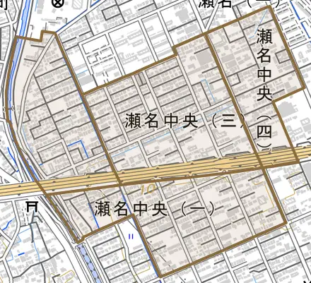 瀬名中央とその周辺の地図。町の範囲を重ねている