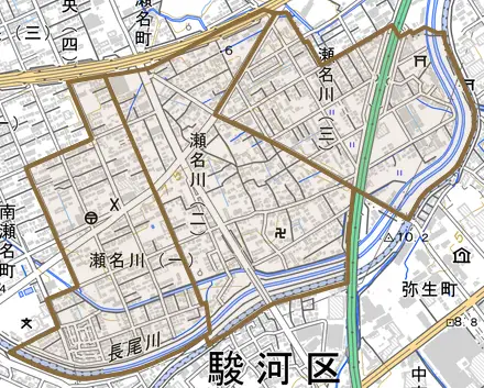 瀬名川とその周辺の地図。町の範囲を重ねている
