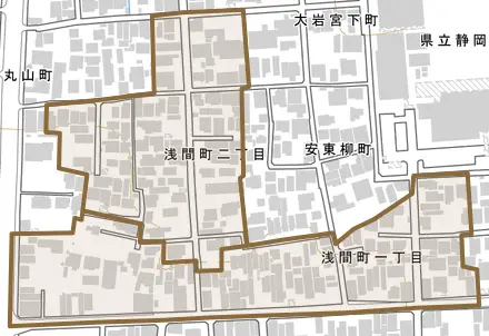浅間町とその周辺の地図。町の範囲を重ねている